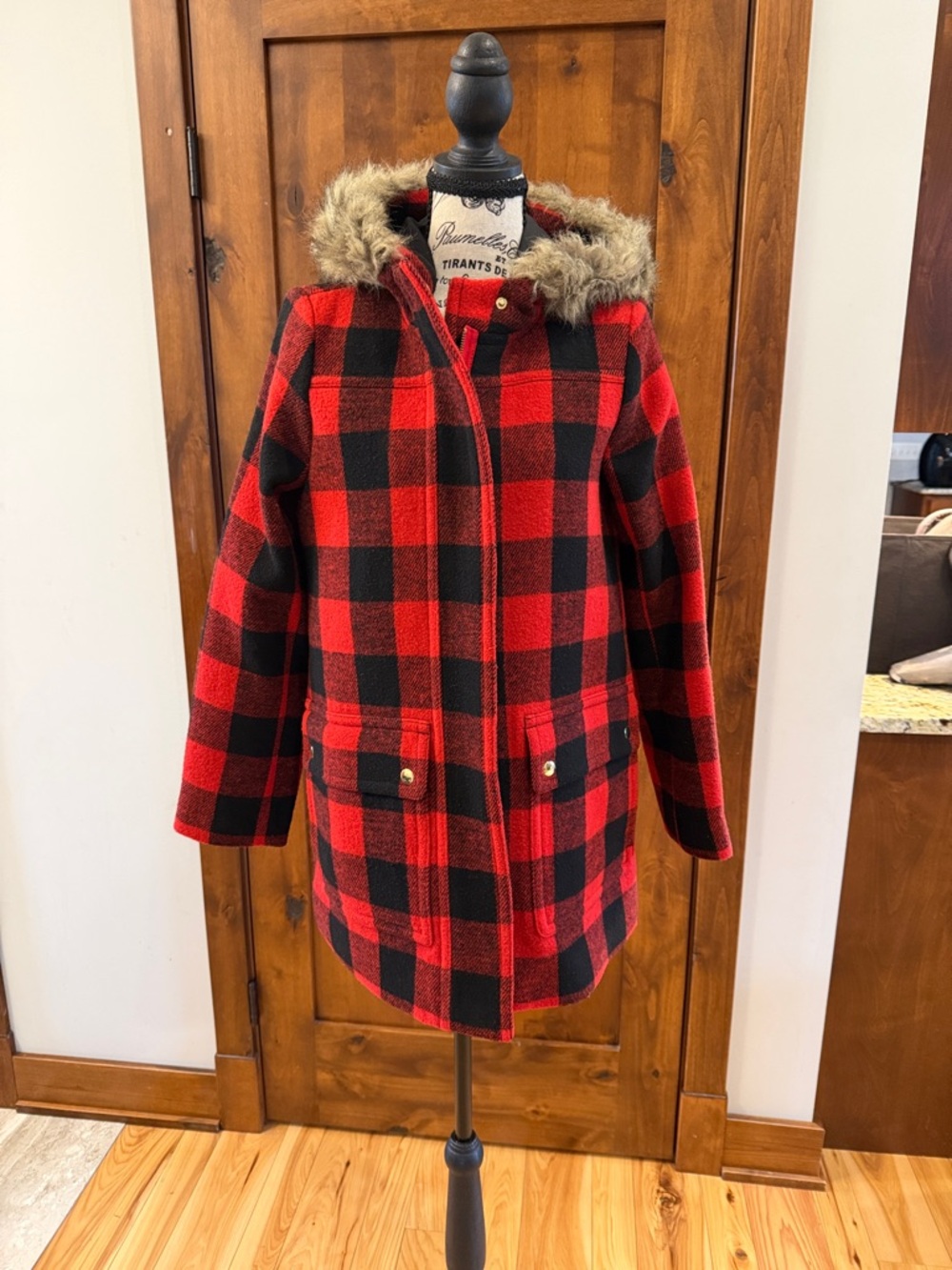 J.Crew Factory Red & Black Buffalo Plaid Hooded Coat with Faux Fur Trim Size 4